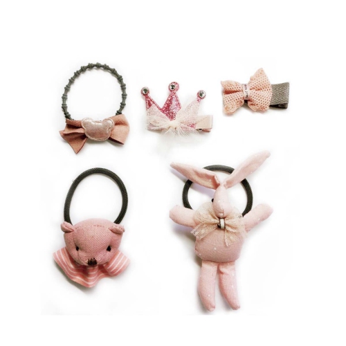 Handmade 5 Pieces Hair Accessory Kids Gift Set, Pink Bunny