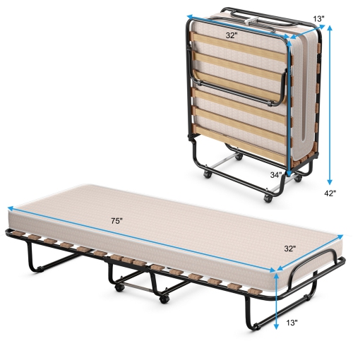 Marque Gymax lit pliant sur roulettes lit d'invité en métal avec matelas en mousse à mémoire de forme bleu marine