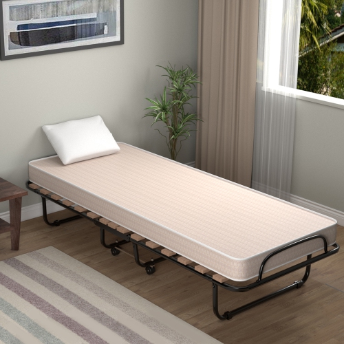 Marque Gymax lit pliant sur roulettes lit d'invité en métal avec matelas en mousse à mémoire de forme bleu marine