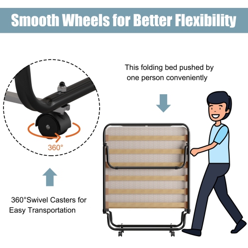 Marque Gymax lit pliant sur roulettes lit d'invité en métal avec matelas en mousse à mémoire de forme bleu marine