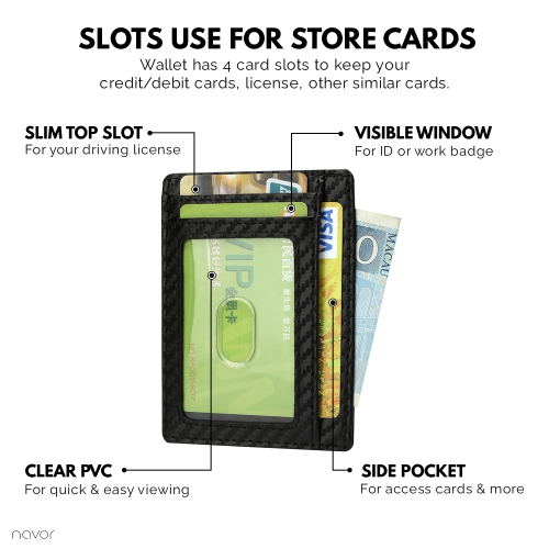 Portefeuille porte-cartes de crédit portefeuille mince pochette avant anti-RFID pour homme et femme - fibre de carbone noire