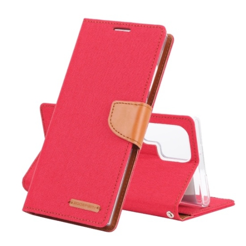 TopSave Goospery CANVAS Card Slot w/Magnetic Clip Denim Cloth Folio Wallet Flip For Samsung Galaxy S22 Ultra, Red