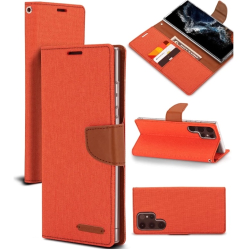 TopSave Goospery CANVAS Card Slot w/Magnetic Clip Denim Cloth Folio Wallet Flip For Samsung Galaxy S22 Ultra, Orange