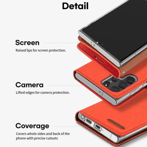 TopSave Goospery CANVAS Card Slot w/Magnetic Clip Denim Cloth Folio Wallet Flip For Samsung Galaxy S22 Ultra, Orange