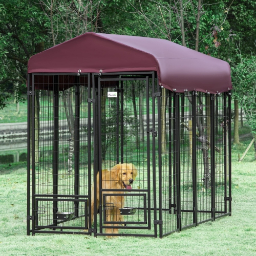 PawHut Outdoor Dog Kennel, Run, Large Wire Steel Fence, Lockable Pet Playpen Enclosure, with Water-, UV-Resistant Canopy Top, Door, Rotating Bowl
