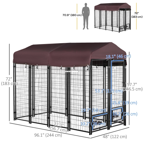 PawHut Outdoor Dog Kennel, Run, Large Wire Steel Fence, Lockable Pet Playpen Enclosure, with Water-, UV-Resistant Canopy Top, Door, Rotating Bowl