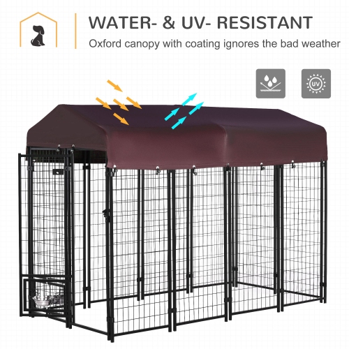 PawHut Outdoor Dog Kennel, Run, Large Wire Steel Fence, Lockable Pet Playpen Enclosure, with Water-, UV-Resistant Canopy Top, Door, Rotating Bowl