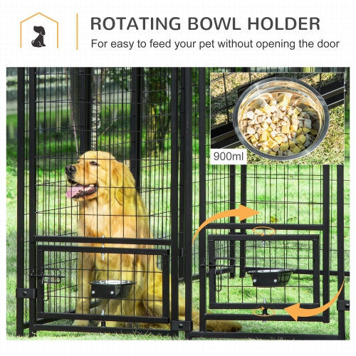 PawHut Outdoor Dog Kennel, Run, Large Wire Steel Fence, Lockable Pet Playpen Enclosure, with Water-, UV-Resistant Canopy Top, Door, Rotating Bowl