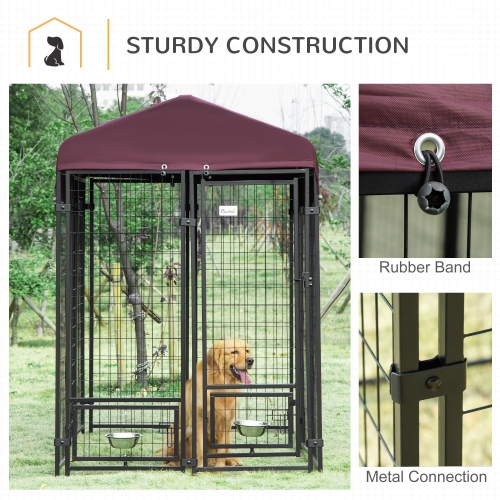 PawHut Outdoor Dog Kennel, Run, Large Wire Steel Fence, Lockable Pet Playpen Enclosure, with Water-, UV-Resistant Canopy Top, Door, Rotating Bowl