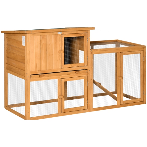 PawHut 55.5" Wooden Rabbit Hutch 2 Tier Bunny House Pet Playpen Enclosure for Indoor Outdoor with Openable Roof, Slide-out Tray, Ramp, for Rabbits an