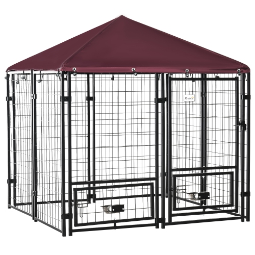 PawHut Outdoor Dog Kennel, Welded Wire Steel Fence, Lockable Pet Playpen Crate, with Water-, UV-Resistant Canopy Top, Door, Rotating Bowl Holders, 4.