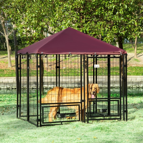 PawHut Outdoor Dog Kennel, Run, Large Wire Steel Fence, Lockable Pet Playpen Enclosure, with Water-, UV-Resistant Canopy Top, Door, Rotating Bowl