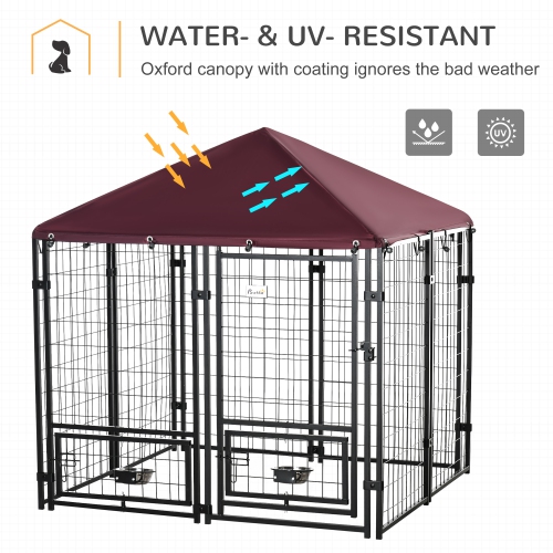 PawHut Outdoor Dog Kennel, Run, Large Wire Steel Fence, Lockable Pet Playpen Enclosure, with Water-, UV-Resistant Canopy Top, Door, Rotating Bowl