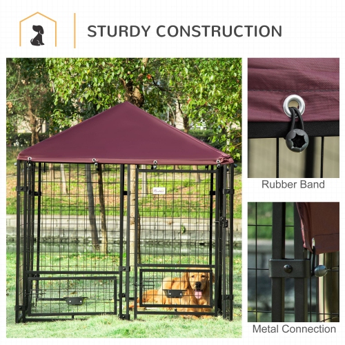 PawHut Outdoor Dog Kennel, Run, Large Wire Steel Fence, Lockable Pet Playpen Enclosure, with Water-, UV-Resistant Canopy Top, Door, Rotating Bowl