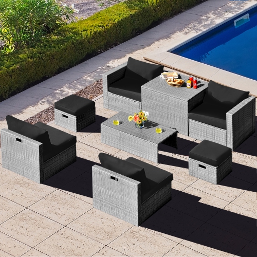 Costway 8PCS Patio Rattan Furniture Set Storage Waterproof Cover Cushion