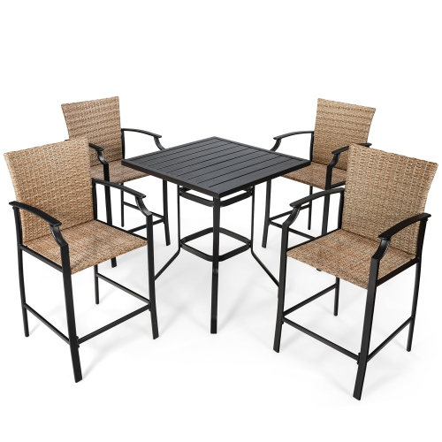 Costway 5PCS Outdoor Bistro Set Rattan Bar Stool Table Set with Cushions Steel Frame