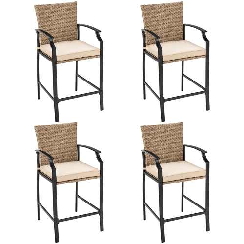 Costway 5PCS Outdoor Bistro Set Rattan Bar Stool Table Set with Cushions Steel Frame