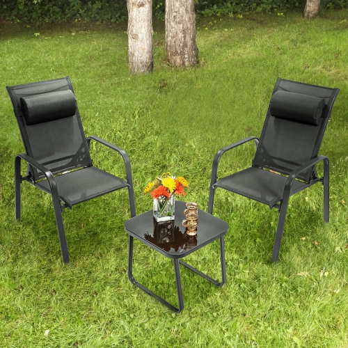 COSTWAY  3PCs Patio Bistro Furniture Set Adjustable Back Stackable Chairs