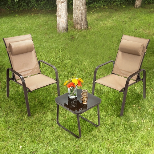 COSTWAY  3PCs Patio Bistro Furniture Set Adjustable Back Stackable Chairs