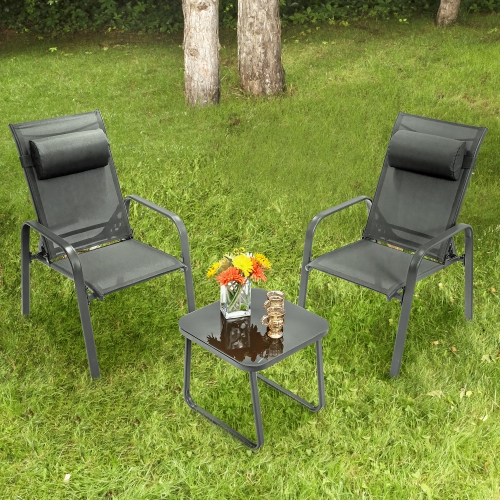 COSTWAY  3PCs Patio Bistro Furniture Set Adjustable Back Stackable Chairs