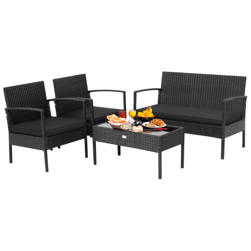Ensemble de meubles de patio en rotin et accoudoirs rembourrés de Costway 4 PCS, noir jardin