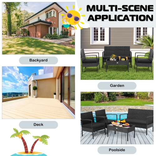Ensemble de meubles de patio en rotin et accoudoirs rembourrés de Costway 4 PCS, noir jardin