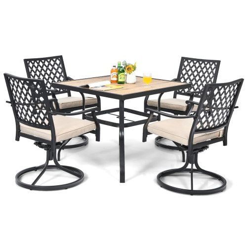 Costway 5PCS Patio Dining Set Square Table 4 Swivel Chair Rocker Cushioned Deck