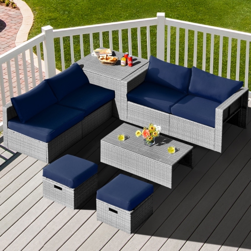 GYMAX  8PCs Rattan Patio Space-Saving Furniture Set W/ Waterproof Cover & Cushions In Navy