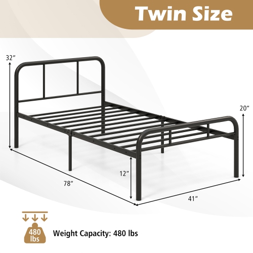 Gymax Twin Bed Frame Metal Platform Bed Base w/ Headboard & Footboard Under Bed Storage