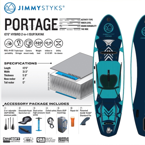 Jimmy Styks PORTAGE 10 pi 6 po HYBRIDE 2-EN-1 ISUP + KAYAK