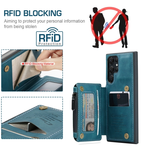 CaseMe Back case Card Slot Retro Matte Synthetic Leather Wallet Zipper Stand Cover for Samsung Galaxy S22 Ultra - Free Shipping