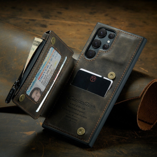 CaseMe Back case Card Slot Retro Matte Synthetic Leather Wallet Zipper Stand Cover for Samsung Galaxy S22 Ultra - Free Shipping