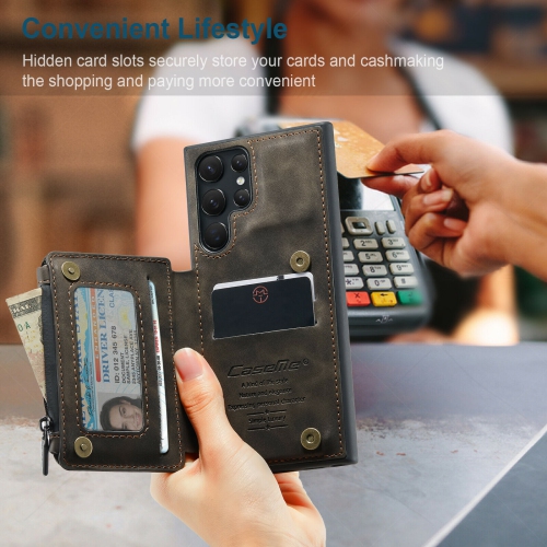 CaseMe Back case Card Slot Retro Matte Synthetic Leather Wallet Zipper Stand Cover for Samsung Galaxy S22 Ultra - Free Shipping