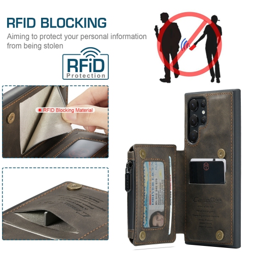 CaseMe Back case Card Slot Retro Matte Synthetic Leather Wallet Zipper Stand Cover for Samsung Galaxy S22 Ultra - Free Shipping