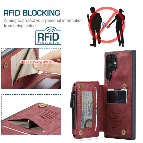 CaseMe Back case Card Slot Retro Matte Synthetic Leather Wallet Zipper Stand Cover for Samsung Galaxy S22 Ultra - Free Shipping