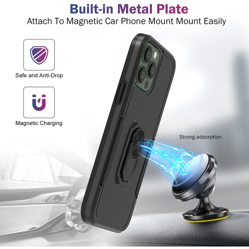 【CSmart】 Shockproof Heavy Duty Magnetic Hard Armor Kickstand Case with Ring Holder for iPhone 13 Pro, Black