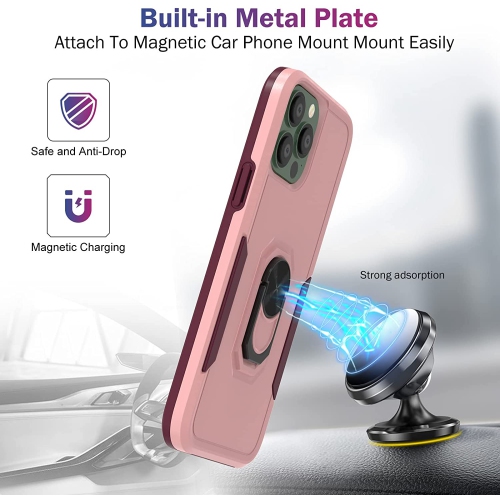 【CSmart】 Shockproof Heavy Duty Magnetic Hard Armor Kickstand Case with Ring Holder for iPhone 13 Pro, Pink