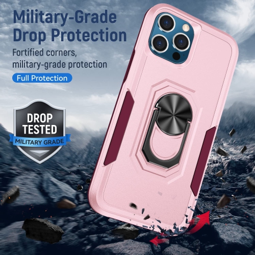 【CSmart】 Shockproof Heavy Duty Magnetic Hard Armor Kickstand Case with Ring Holder for iPhone 13 Pro, Pink