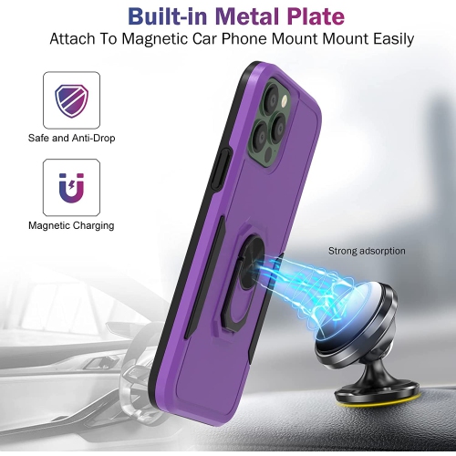 【CSmart】 Shockproof Heavy Duty Magnetic Hard Armor Kickstand Case with Ring Holder for iPhone 13 Pro, Purple