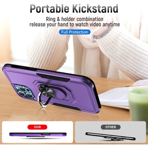 【CSmart】 Shockproof Heavy Duty Magnetic Hard Armor Kickstand Case with Ring Holder for iPhone 13 Pro, Purple