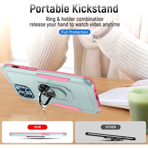 【CSmart】 Shockproof Heavy Duty Magnetic Hard Armor Kickstand Case with Ring Holder for iPhone 13, Mint