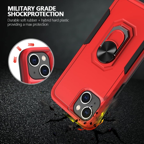 【CSmart】 Shockproof Heavy Duty Magnetic Hard Armor Kickstand Case with Ring Holder for iPhone 13, Red