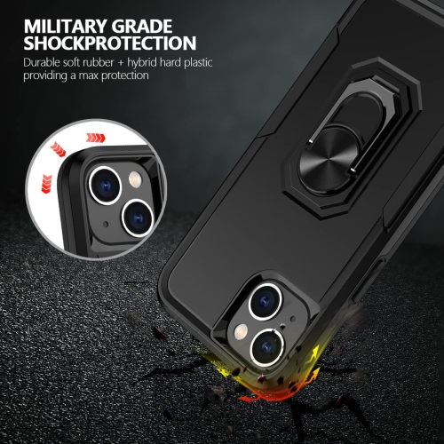 【CSmart】 Shockproof Heavy Duty Magnetic Hard Armor Kickstand Case with Ring Holder for iPhone 13, Black