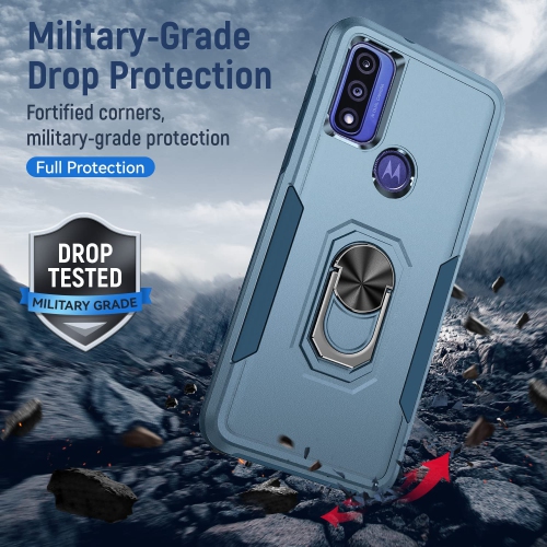 Dual Layers Heavy Duty Magnetic Hard Kickstand Case with Ring Holder for Motorola Moto G Pure 2021 / G Power 2022 / G Play 2023, Navy