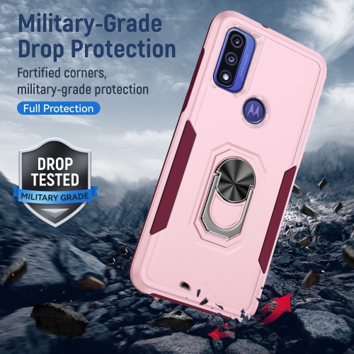 Dual Layers Heavy Duty Magnetic Hard Kickstand Case with Ring Holder for Motorola Moto G Pure 2021 / G Power 2022 / G Play 2023, Pink