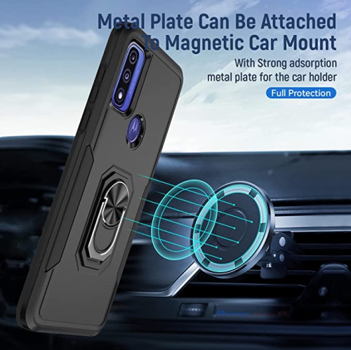 Dual Layers Heavy Duty Magnetic Hard Kickstand Case with Ring Holder for Motorola Moto G Pure 2021 / G Power 2022 / G Play 2023, Black