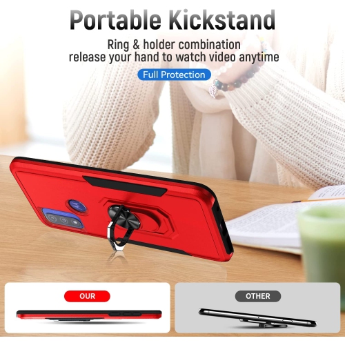 Dual Layers Heavy Duty Magnetic Hard Kickstand Case with Ring Holder for Motorola Moto G Pure 2021 / G Power 2022 / G Play 2023, Red