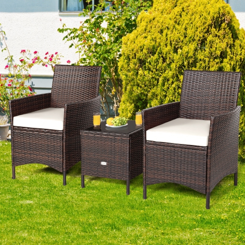 Costway 3PCS Patio Rattan Furniture Set Cushioned Sofa Glass Tabletop Deck