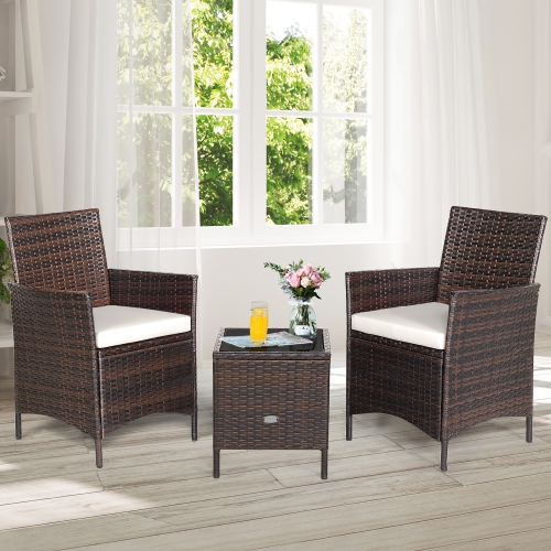Costway 3PCS Patio Rattan Furniture Set Cushioned Sofa Glass Tabletop Deck