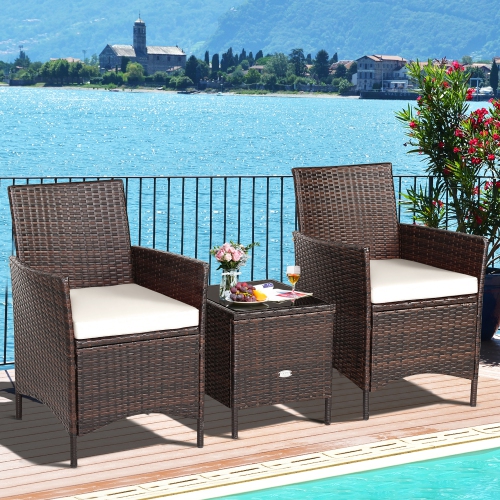 Costway 3PCS Patio Rattan Furniture Set Cushioned Sofa Glass Tabletop Deck